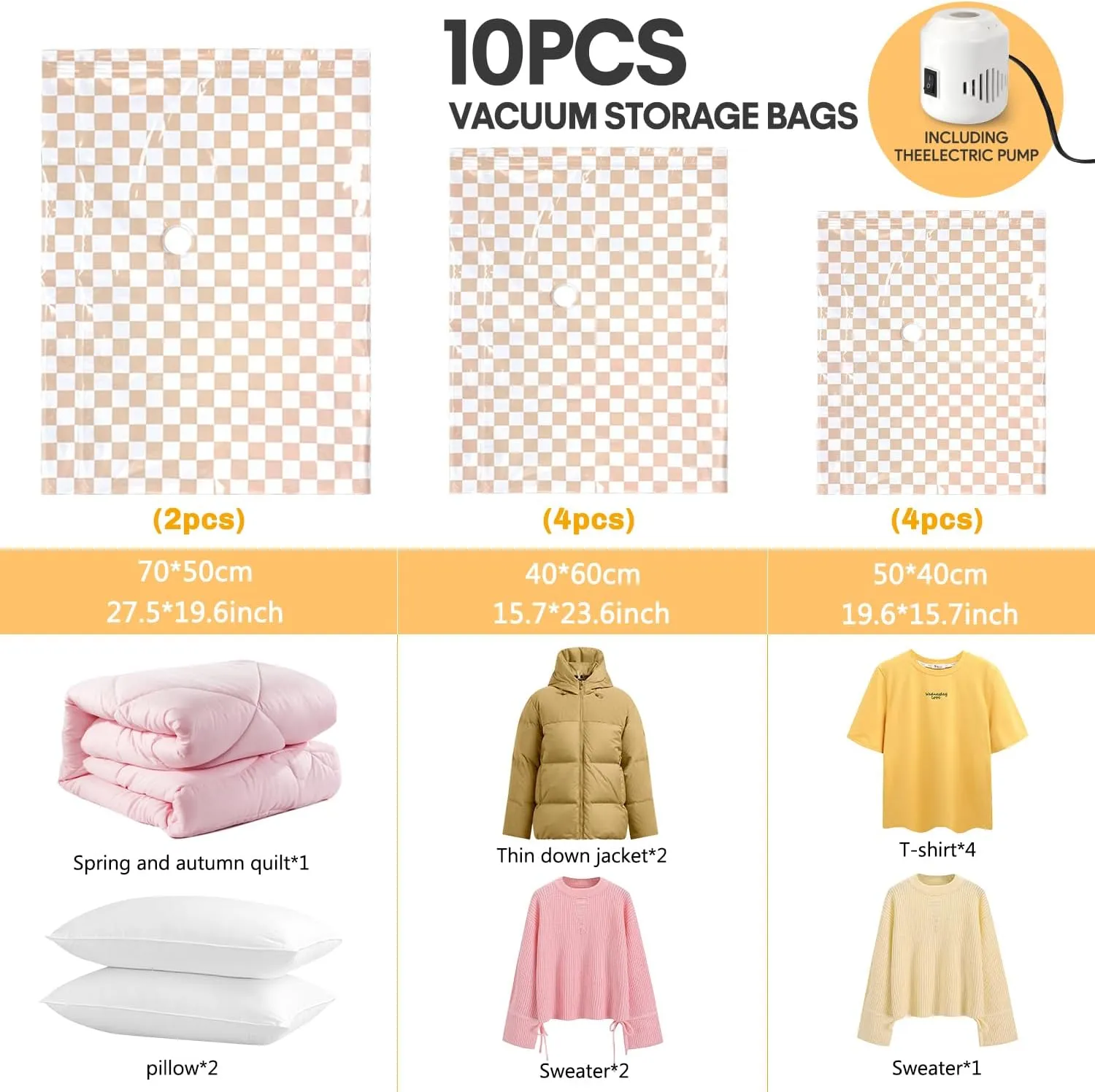 10 Pack Vacuum Storage Bags with Electric Pump (Pink Checks)