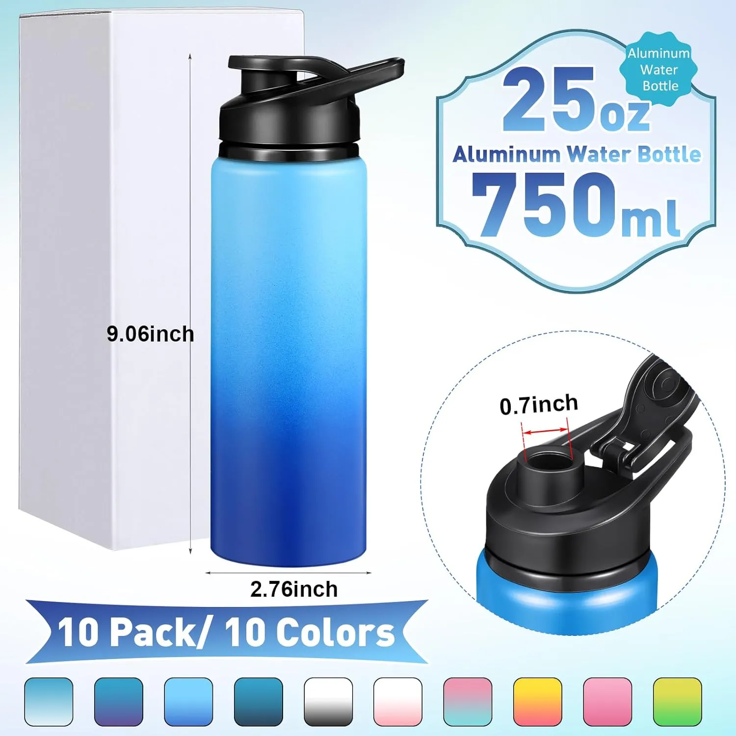 10 Pieces 25oz Reusable Aluminum Water Bottles Bulk Multicolor Outdoor Sports Water Bottles for Travel, Gym, Hiking, Cycling, Camping, Fishing, Snap Lid