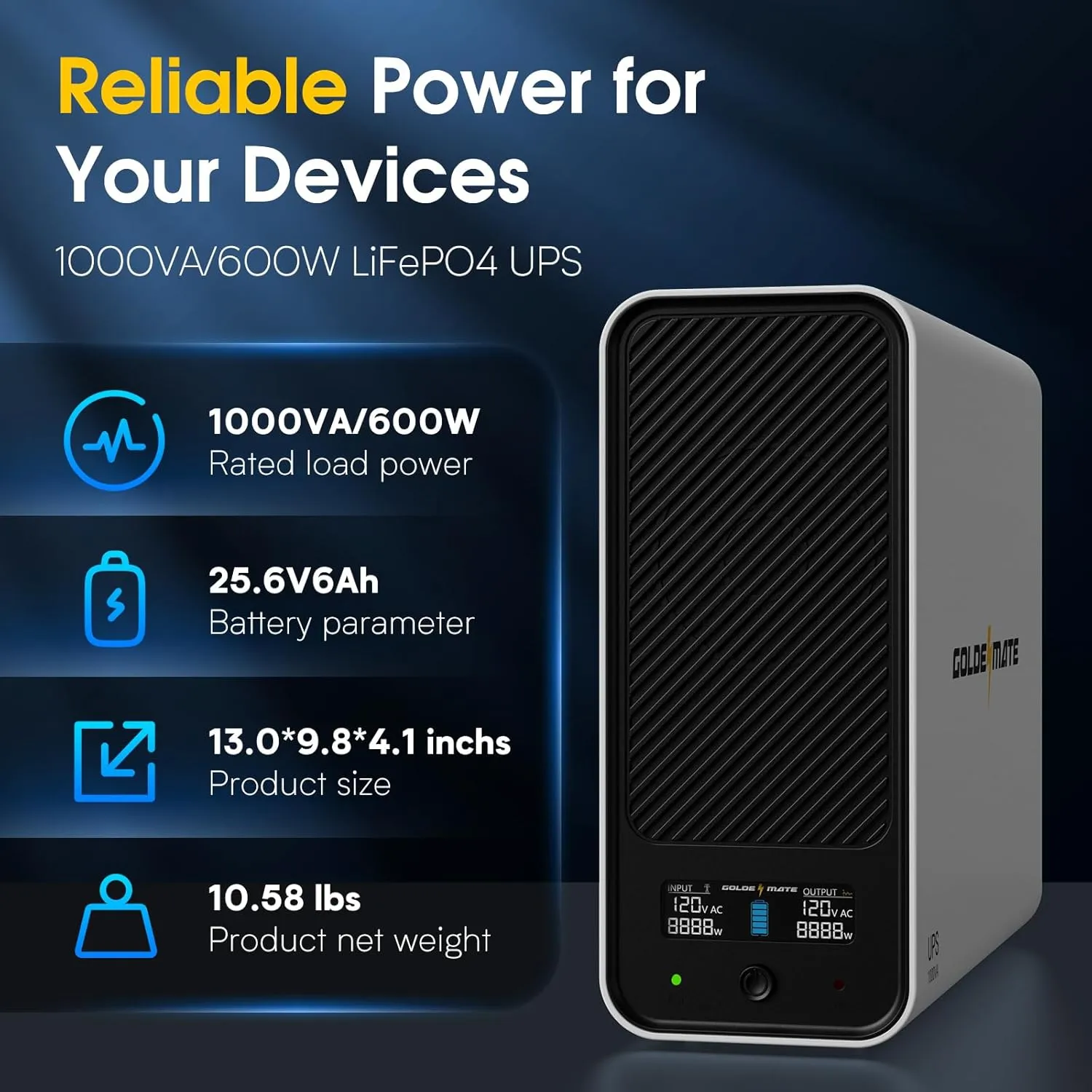 1000VA/600W Lithium UPS Battery Backup and Surge Protector, Backup Battery Power Supply with LiFePO4 Batteries(153.6 Wh), Sinewave UPS System, 10 Years Lifespan, 8-Outlets, LCD Display