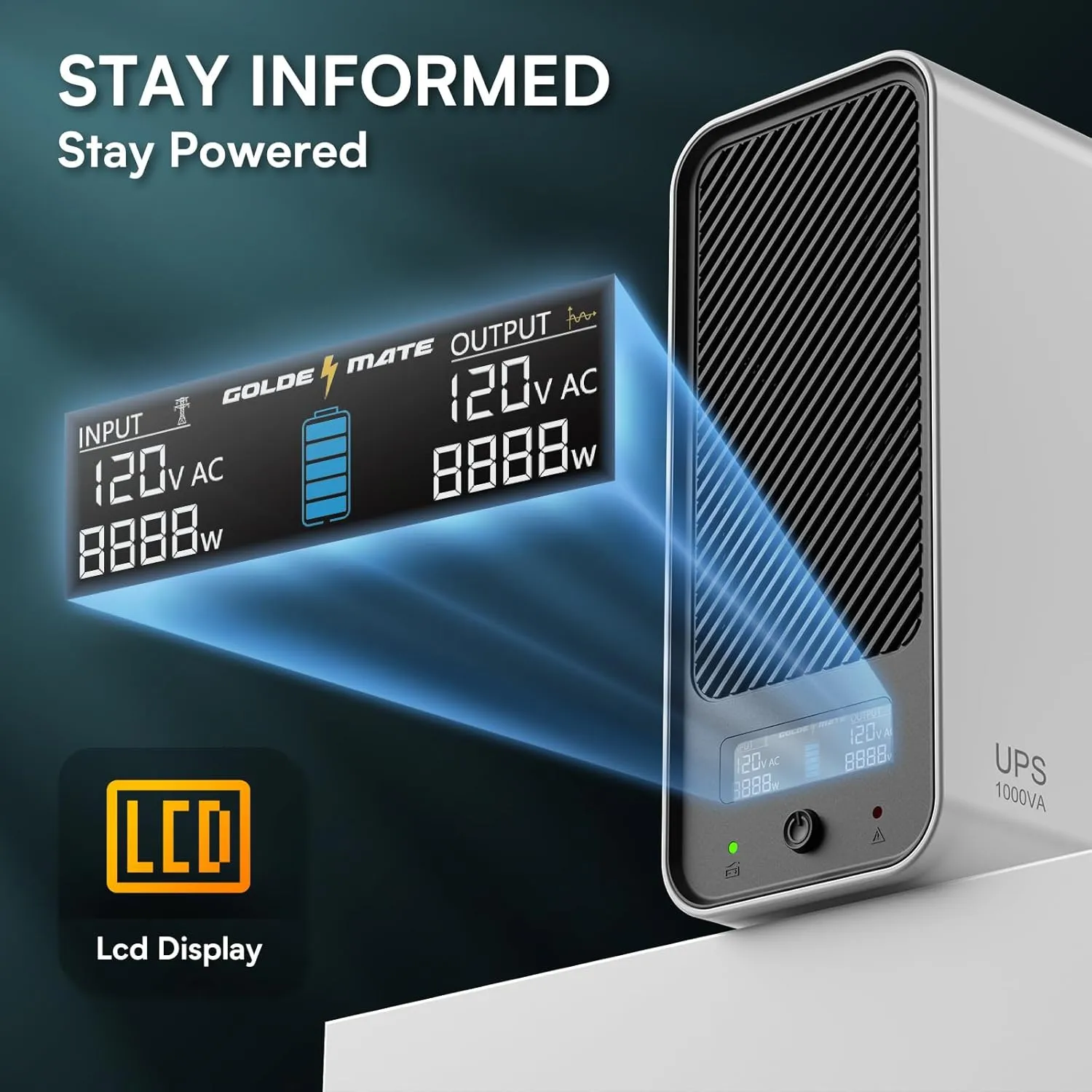 1000VA/600W Lithium UPS Battery Backup and Surge Protector, Backup Battery Power Supply with LiFePO4 Batteries(153.6 Wh), Sinewave UPS System, 10 Years Lifespan, 8-Outlets, LCD Display