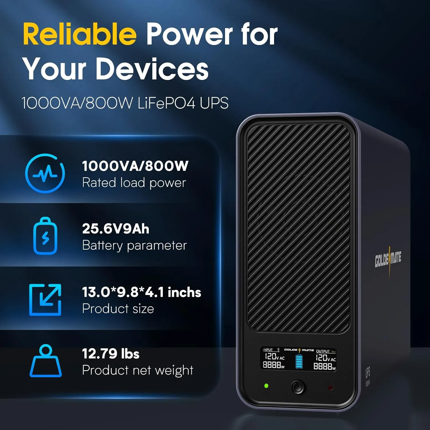 1000VA/800W Lithium UPS Battery Backup & Surge Protector, Backup Battery Power Supply with LiFePO4 Batteries(230.4 Wh), Sinewave UPS System, 10 Years Lifespan, 8 Ports, LCD Display, Gray