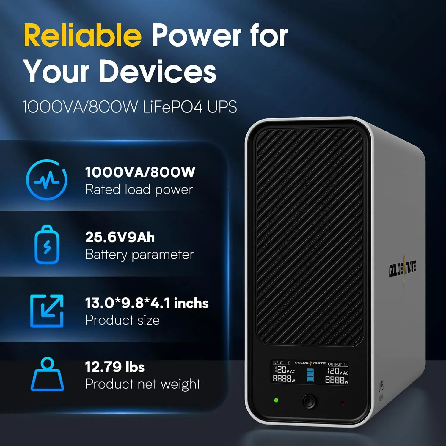 1000VA/800W Lithium UPS Battery Backup and Surge Protector, Backup Battery Power Supply with LiFePO4 Batteries(230.4 Wh), Sinewave UPS System, 10 Years Lifespan, 8 Outlets, LCD Display