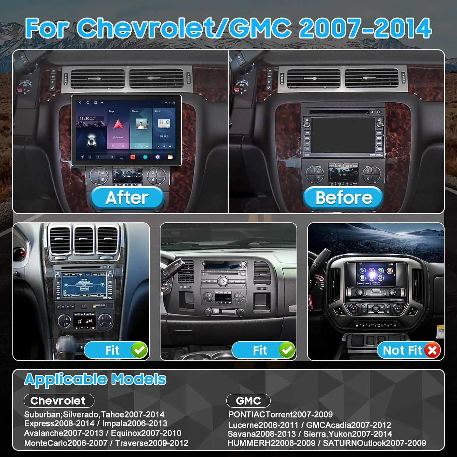 11.5" Car Radio Stereo Upgrade for Chevy Silverado/Tahoe 2007-2014, GMC Acadia 2007-2012, Sierra/Yukon 2007-2014, Featuring Apple CarPlay/Android Auto, 4 64GB, 8-core, DSP, GPS, Bluetooth, WiFi, SWC