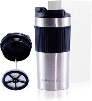 15oz Double Wall Stainless Steel Insulated French Press Coffee and Tea Maker - Portable Camping Mug and Tumbler - Heat Retaining, Leak-Proof, Travel-Friendly for Office and Outdoor Adventures (Silver)