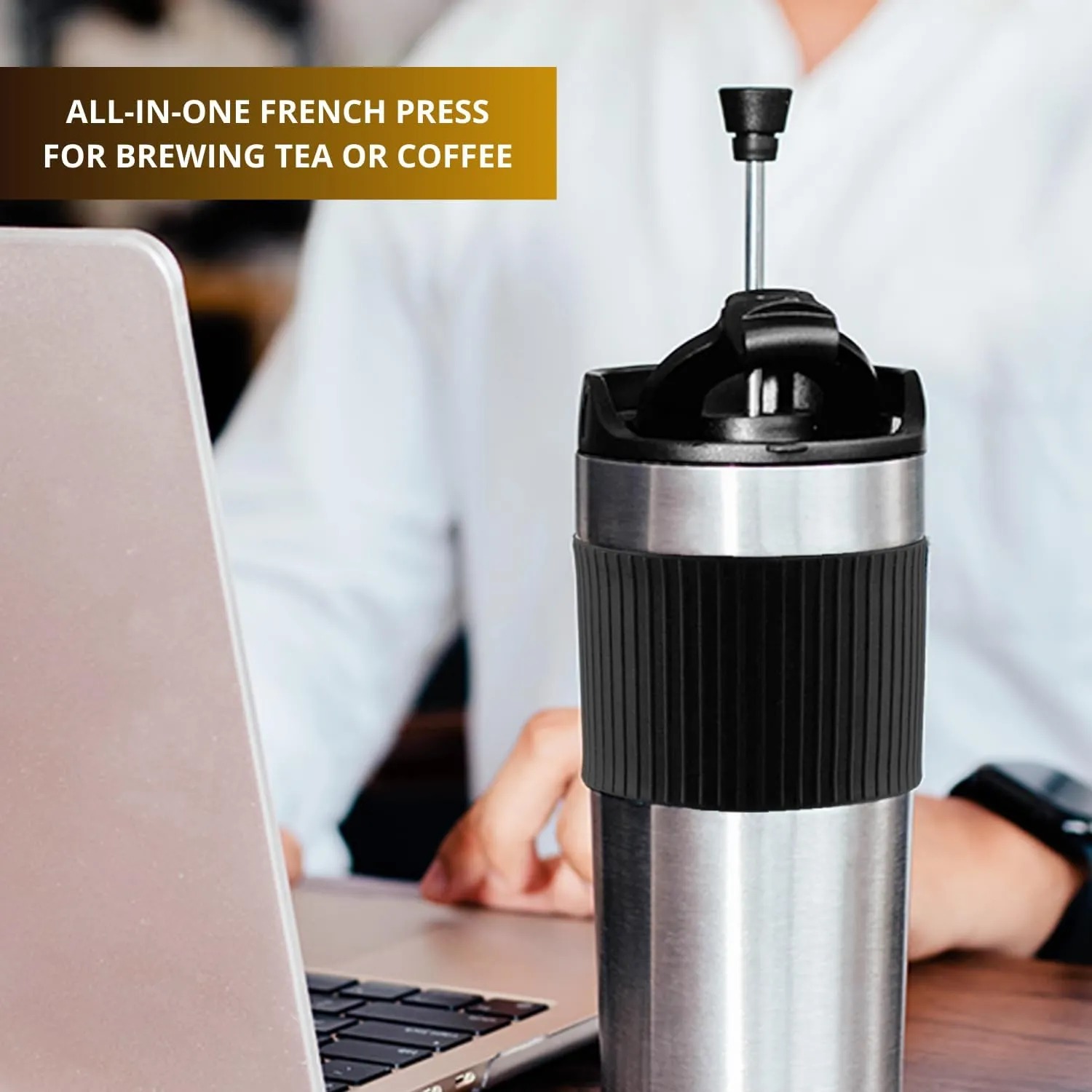 15oz Double Wall Stainless Steel Insulated French Press Coffee and Tea Maker - Portable Camping Mug and Tumbler - Heat Retaining, Leak-Proof, Travel-Friendly for Office and Outdoor Adventures (Silver)