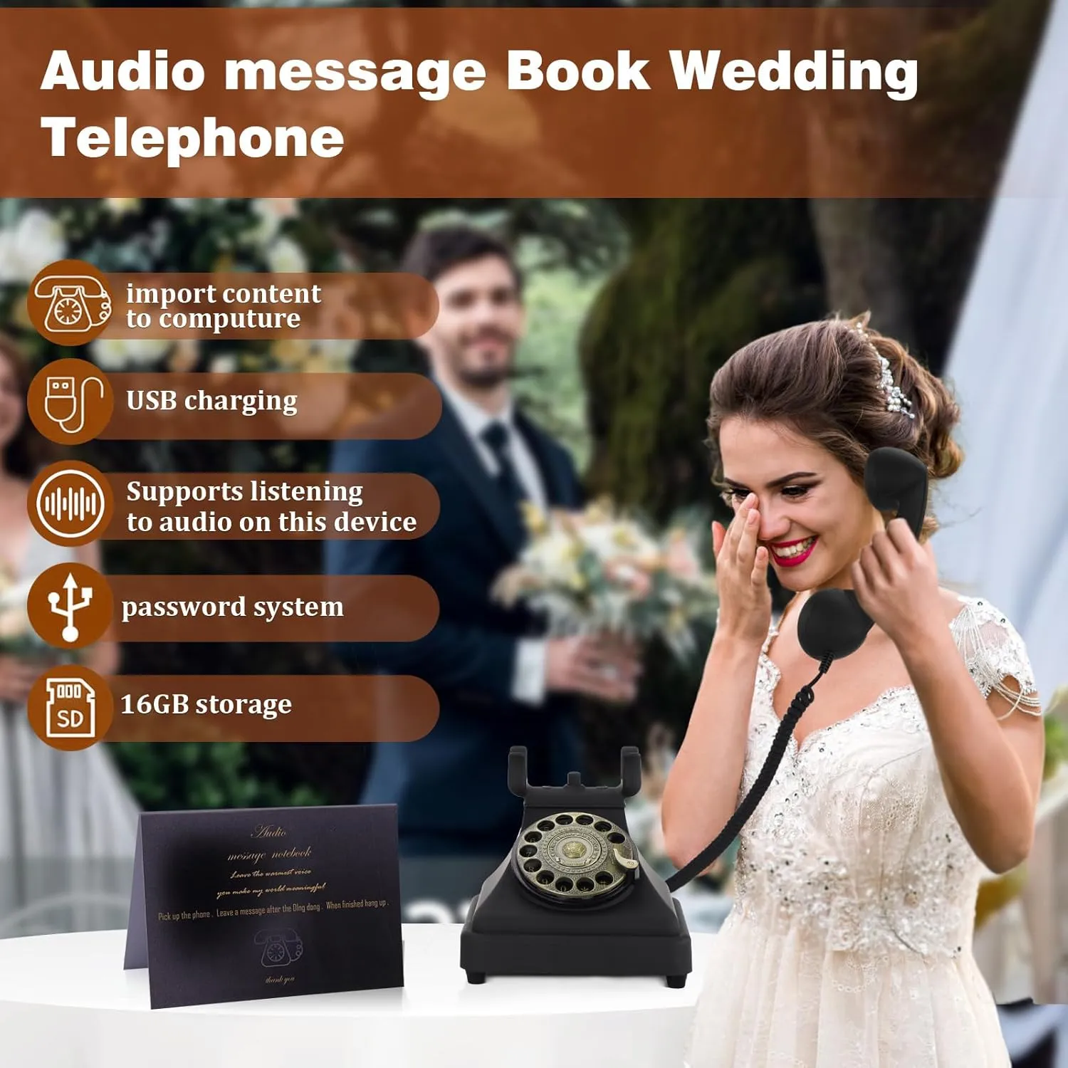 16GB Audio Guest Book Wedding Phone serves as an exquisite wedding audio guestbook, enabling guests to leave voice messages, record voice logs, create audio memos, and enjoy local playback.black