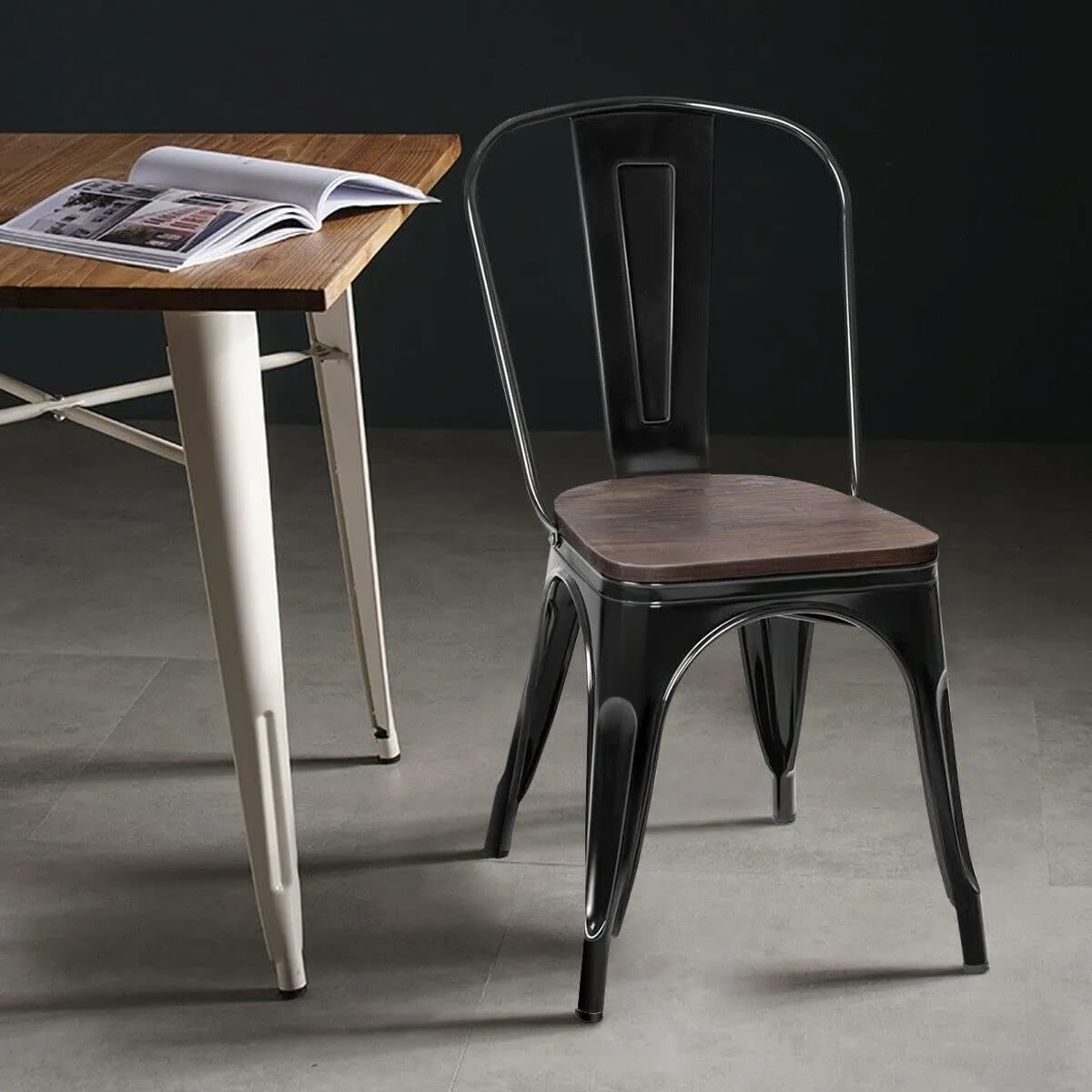 18 Inch Stackable Metal Dining Chairs,Industrial Style Metal Wood Dining Chair, Tolix Style Vintage Cafe Side Chairs with Wooden Seat and Back,Set of 4 (Black)
