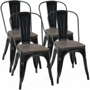 18 Inch Stackable Metal Dining Chairs,Industrial Style Metal Wood Dining Chair, Tolix Style Vintage Cafe Side Chairs with Wooden Seat and Back,Set of 4 (Black)