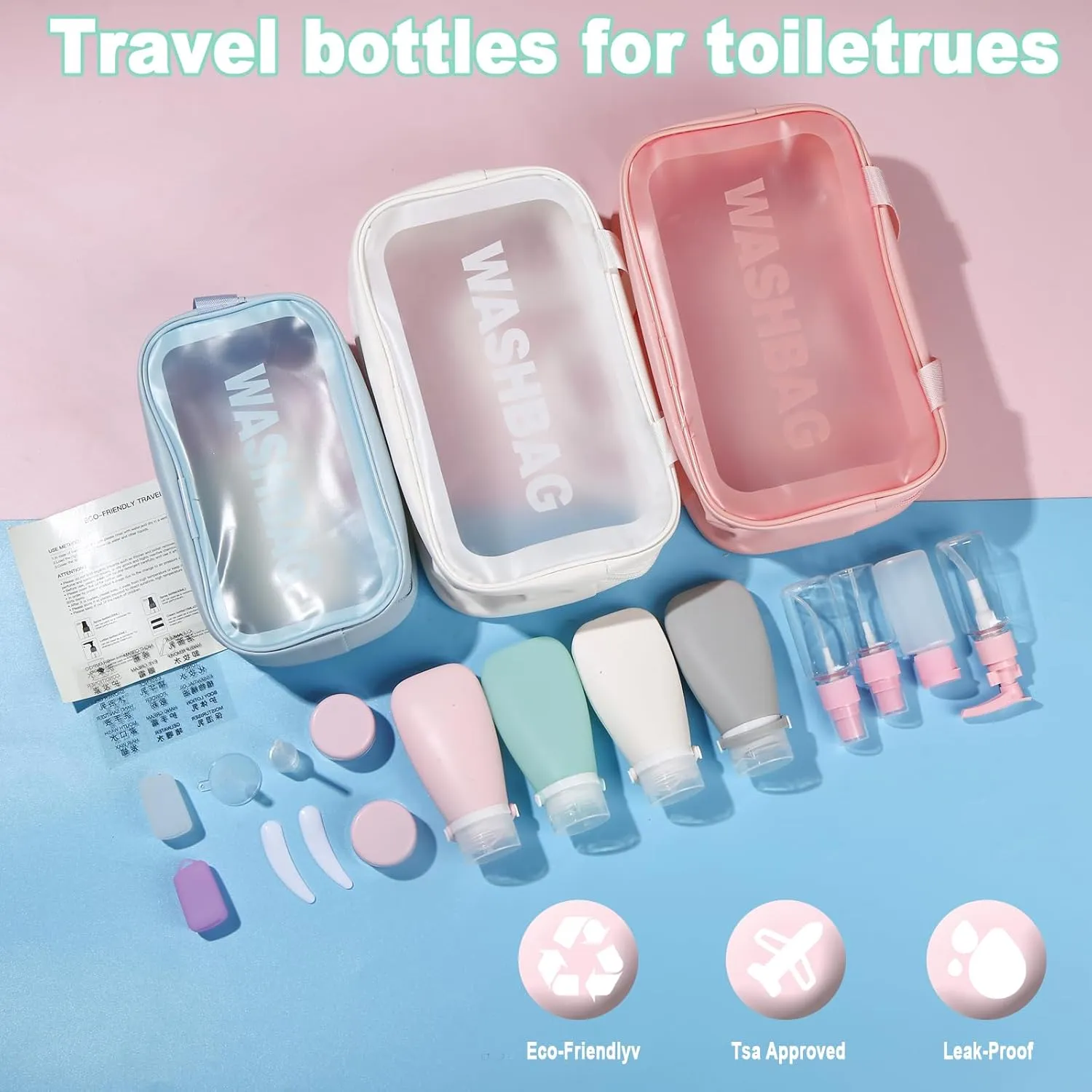 18 Pc Travel Set: Leak-Proof, TSA Approved Bottles, Toiletry Bag, Funnel, Toothbrush Cover