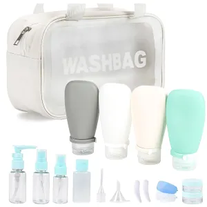 18 Pc Travel Set: Leak-Proof, TSA Approved Bottles, Toiletry Bag, Funnel, Toothbrush Cover