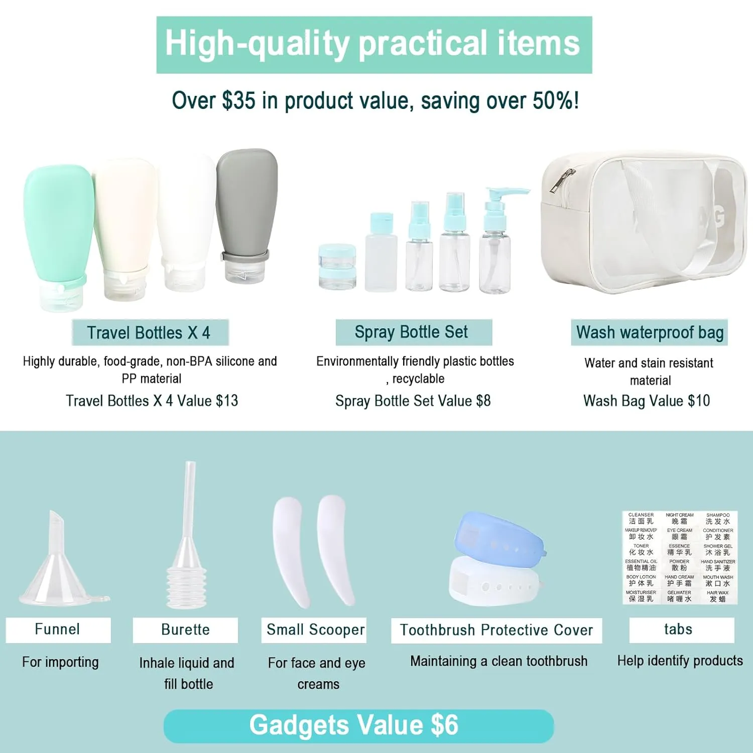 18 Pc Travel Set: Leak-Proof, TSA Approved Bottles, Toiletry Bag, Funnel, Toothbrush Cover