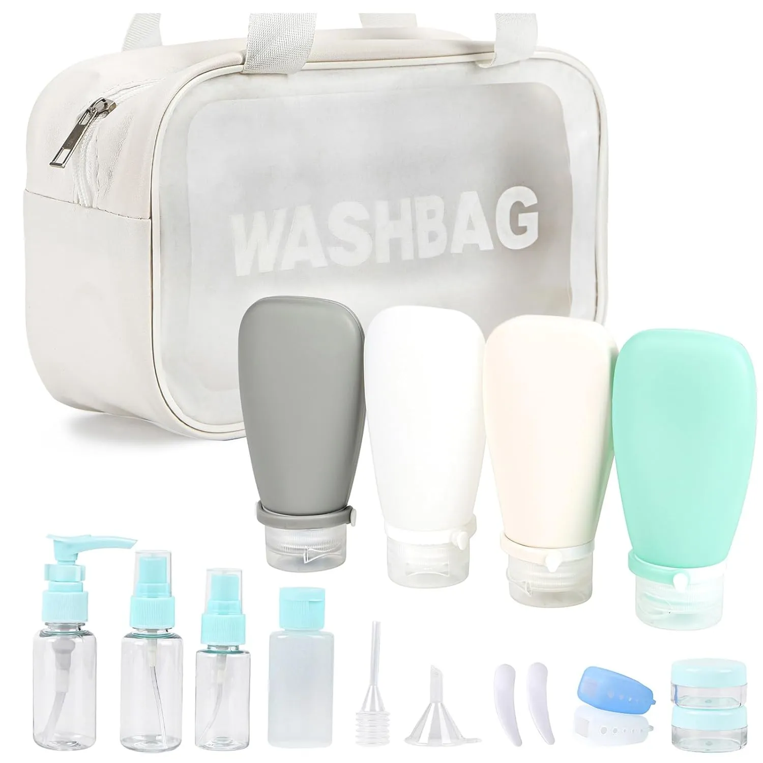 18 Pc Travel Set: Leak-Proof, TSA Approved Bottles, Toiletry Bag, Funnel, Toothbrush Cover