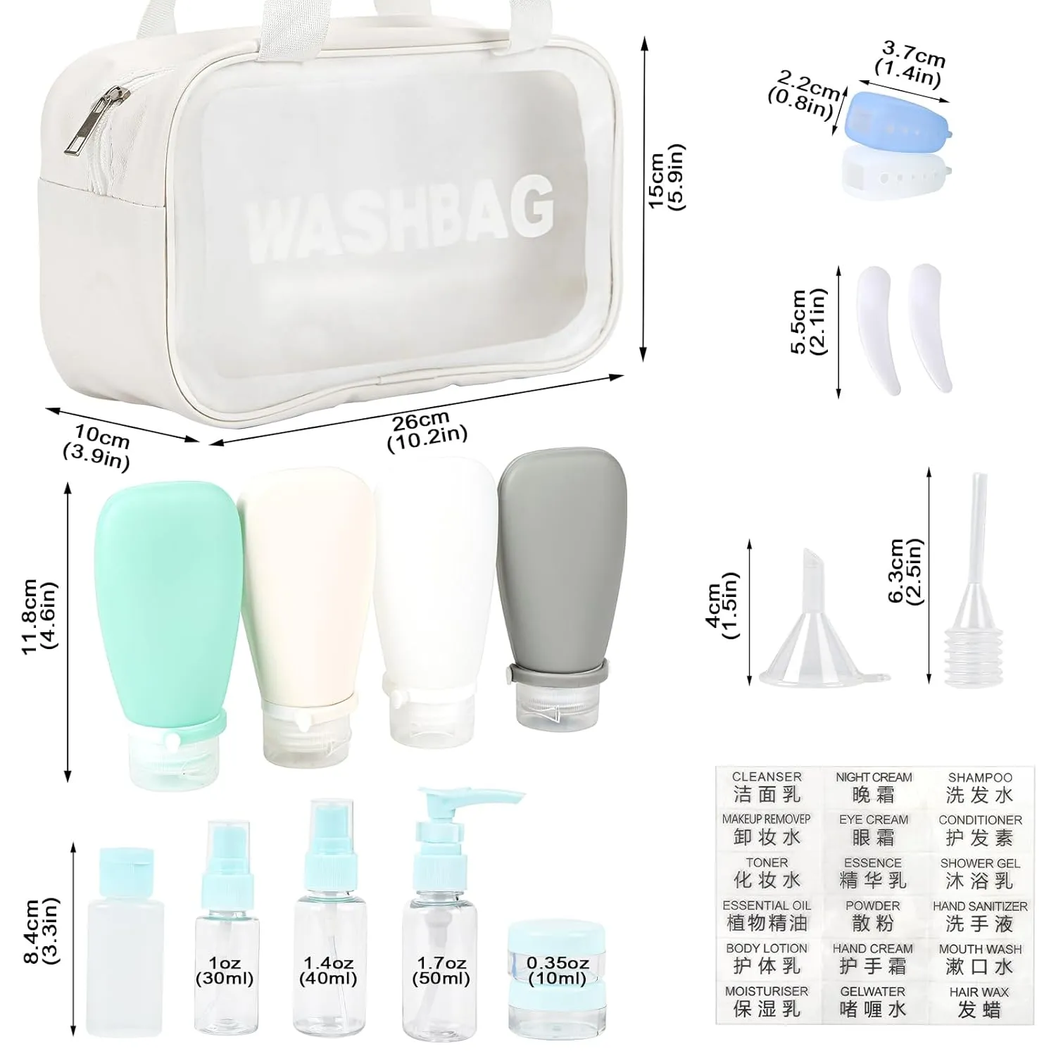 18 Pc Travel Set: Leak-Proof, TSA Approved Bottles, Toiletry Bag, Funnel, Toothbrush Cover