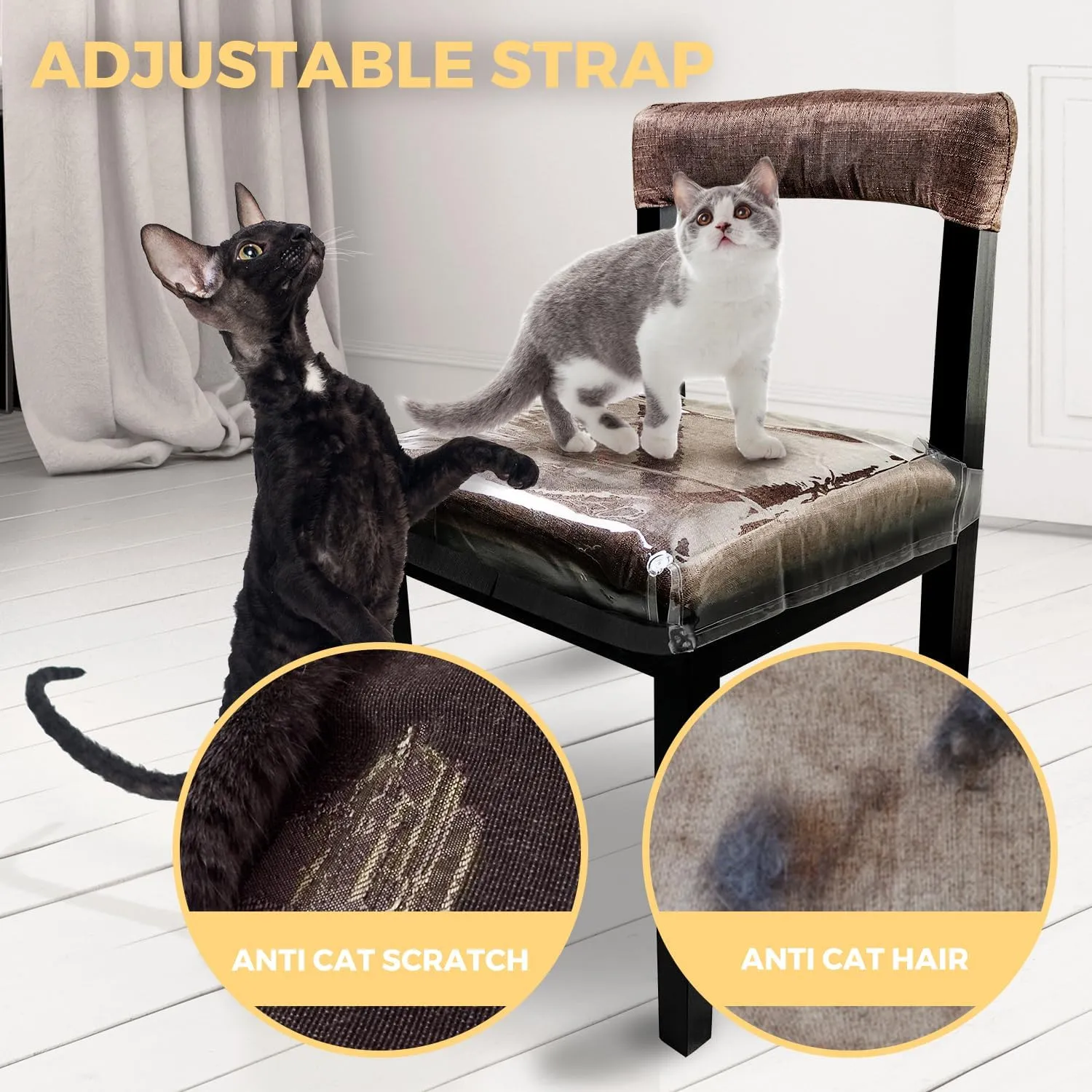 2 Pack Large Plastic Chair Covers for Dining Room, Clear Chair Seat Protectors with Adjustable Belt Strap Fits 18” – 22” Seats, Waterproof & Scratch Resistant Heavy Duty PVC Dining Chair Covers
