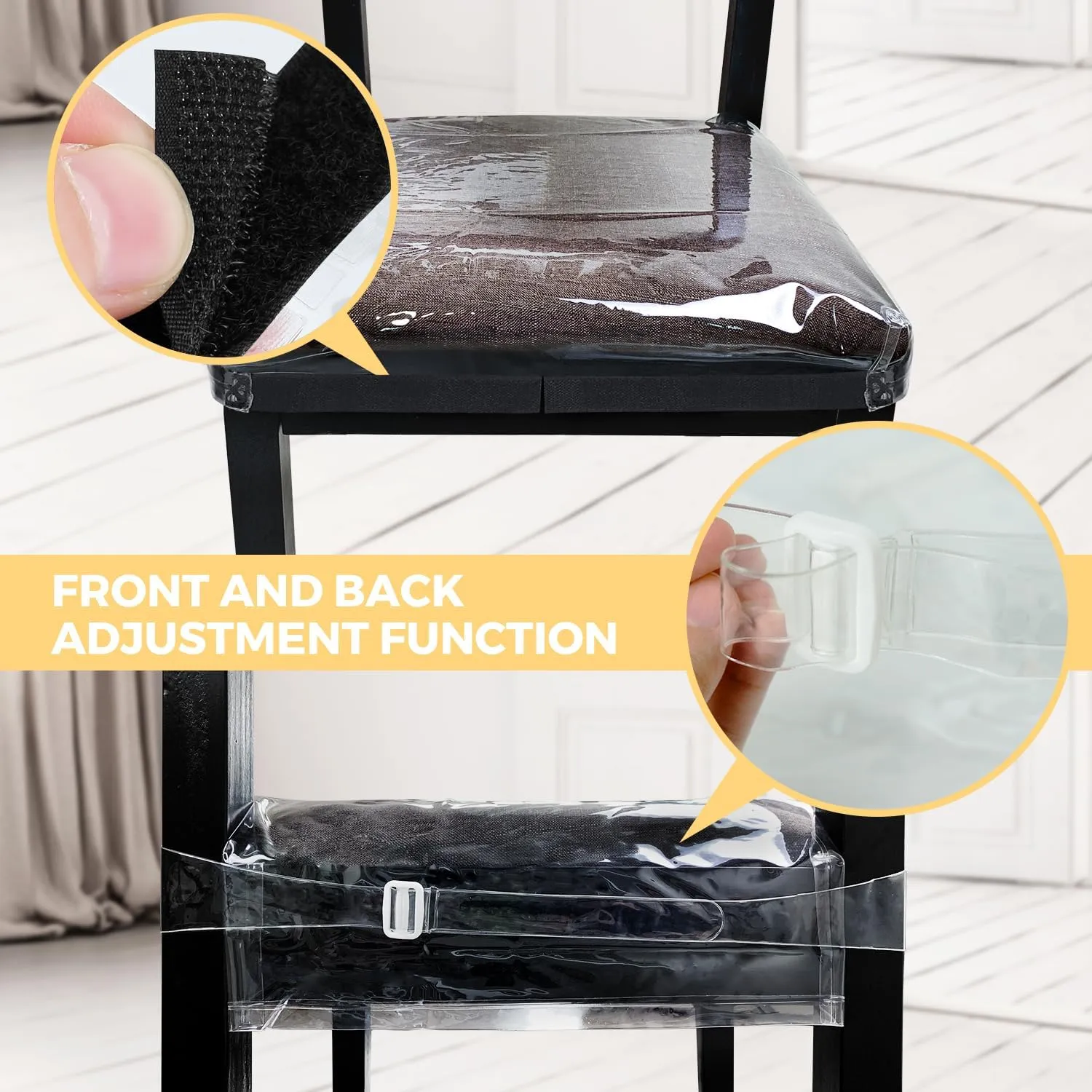 2 Pack Large Plastic Chair Covers for Dining Room, Clear Chair Seat Protectors with Adjustable Belt Strap Fits 18” – 22” Seats, Waterproof & Scratch Resistant Heavy Duty PVC Dining Chair Covers