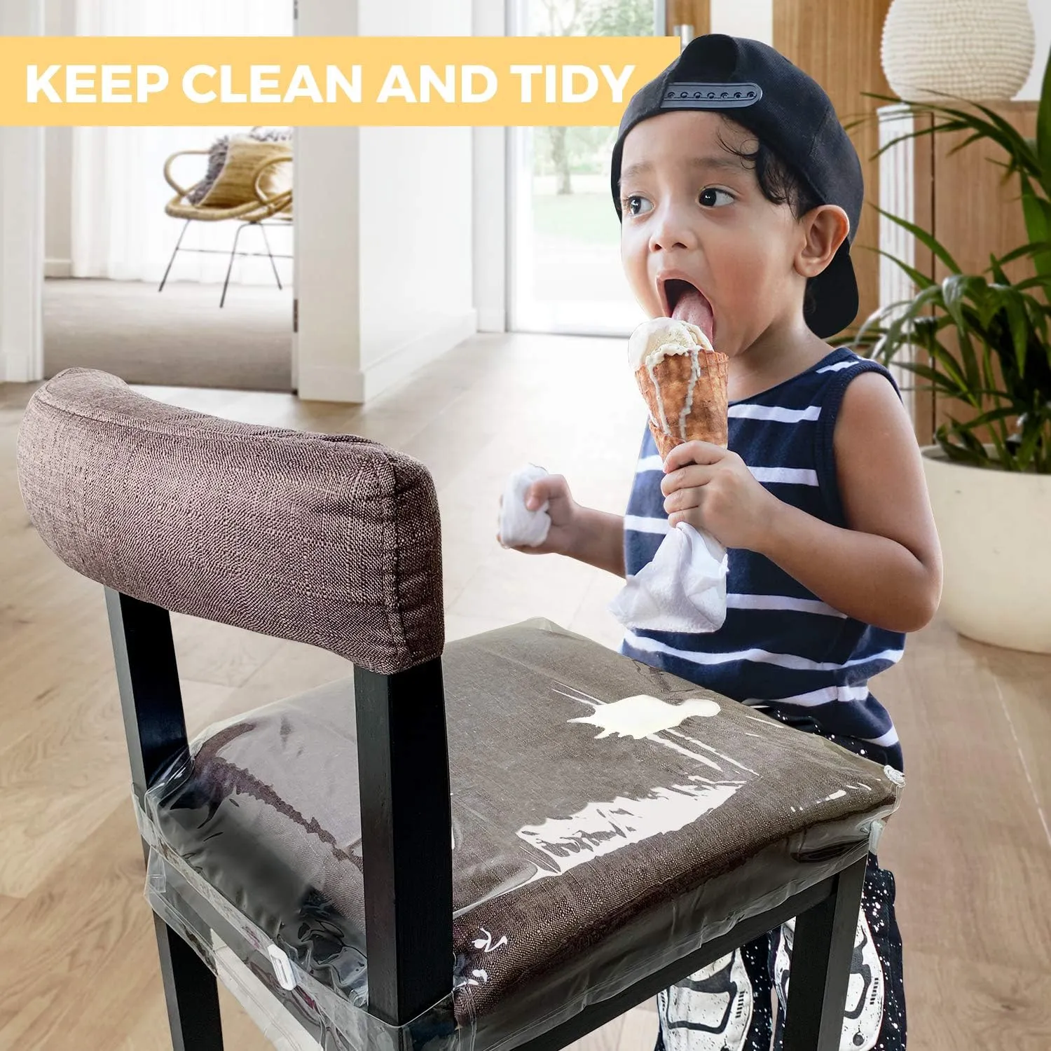 2 Pack Large Plastic Chair Covers for Dining Room, Clear Chair Seat Protectors with Adjustable Belt Strap Fits 18” – 22” Seats, Waterproof & Scratch Resistant Heavy Duty PVC Dining Chair Covers