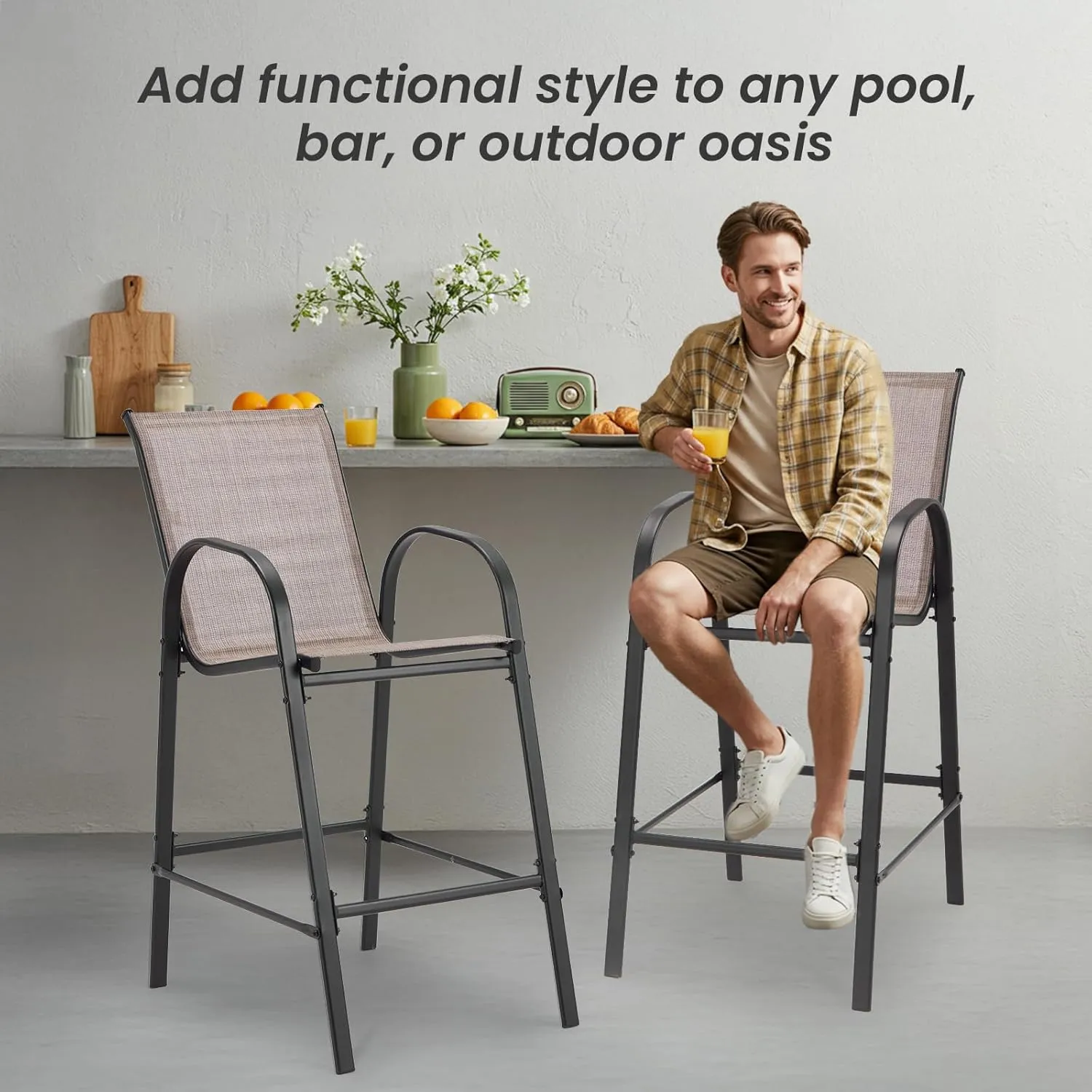 2-Piece Outdoor Bar Stool Set - Stackable High-Back Textilene Chairs & Weatherproof Steel Frame, 330lb Capacity Patio Furniture for Backyard/Balcony/Porch, Quick Assembly & Rust-Resistant
