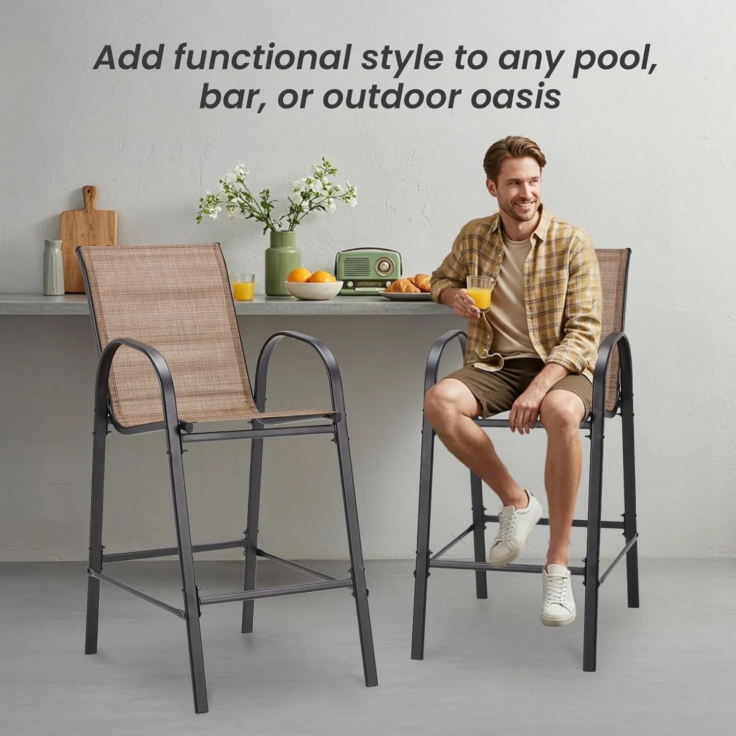 2-Piece Outdoor Bar Stool Set - Stackable High-Back Textilene Chairs & Weatherproof Steel Frame, 330lb Capacity Patio Furniture for Backyard/Balcony/Porch, Quick Assembly & Rust-Resistant