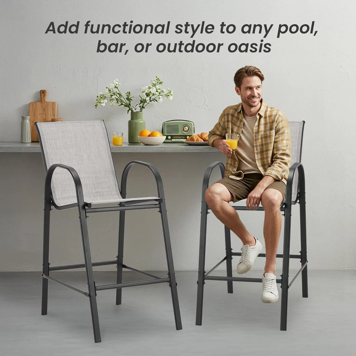 2-Piece Outdoor Bar Stool Set - Stackable High-Back Textilene Chairs & Weatherproof Steel Frame, 330lb Capacity Patio Furniture for Porch/Backyard/Balcony, Quick Assembly & Rust-Resistant