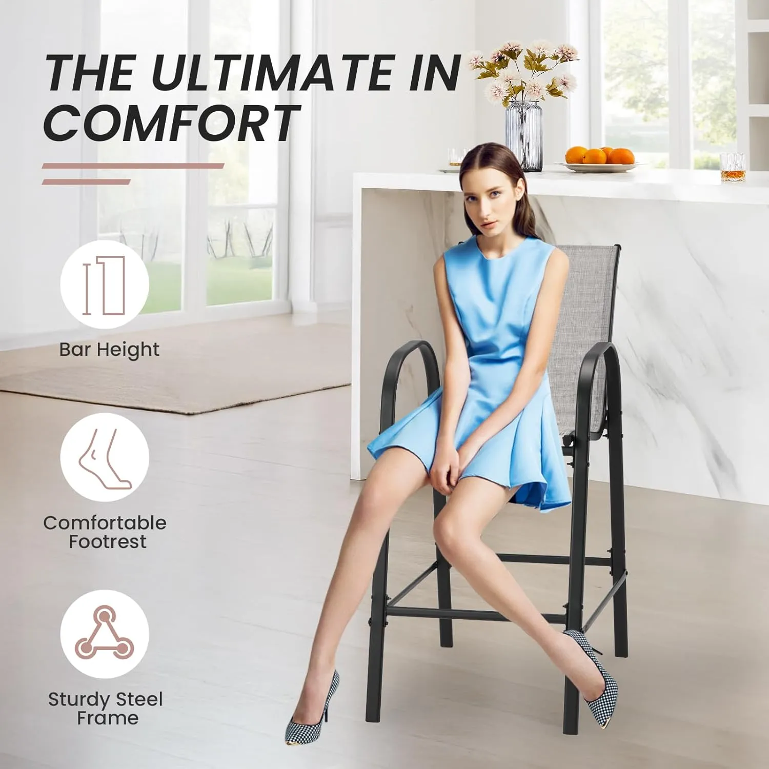 2-Piece Outdoor Bar Stool Set - Stackable High-Back Textilene Chairs & Weatherproof Steel Frame, 330lb Capacity Patio Furniture for Porch/Backyard/Balcony, Quick Assembly & Rust-Resistant