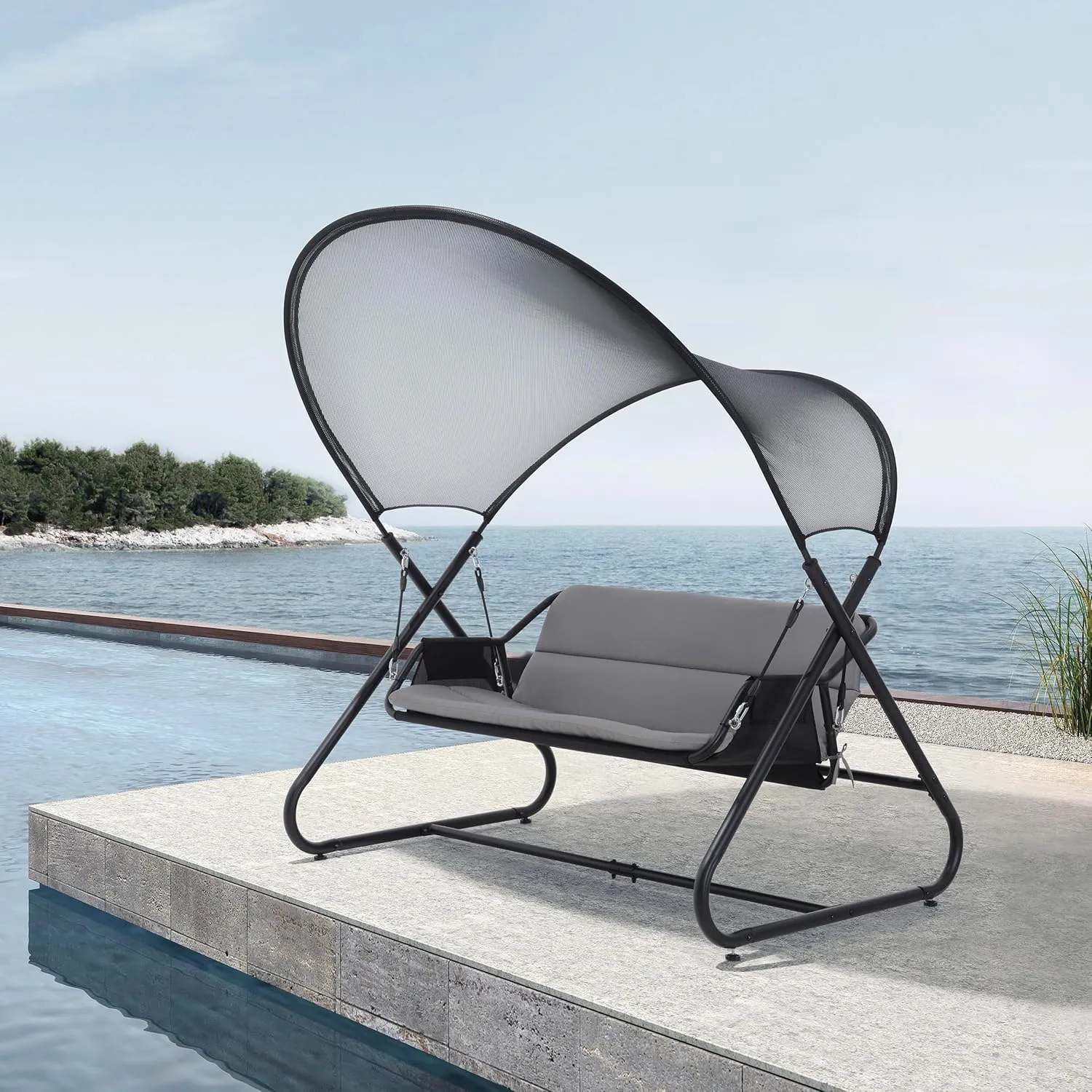 2 Seater Swing Chair with Double Canopy-Outdoor and Headrest Cushion - Patio Loveseat Swing Chairs with Powder Coated Frame Design for Bedroom, Garden - Outdoor Patio Swing Chair