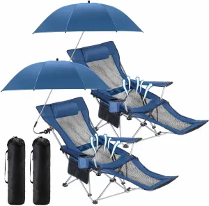 2 Set Reclining Camping Chair with Umbrella, Camping Chair with Foot Rest, Adjustable Chair Umbrella with Clamp, SPF 50 , Folding Mesh Camping Lounger Chair for Outdoor(Blue)
