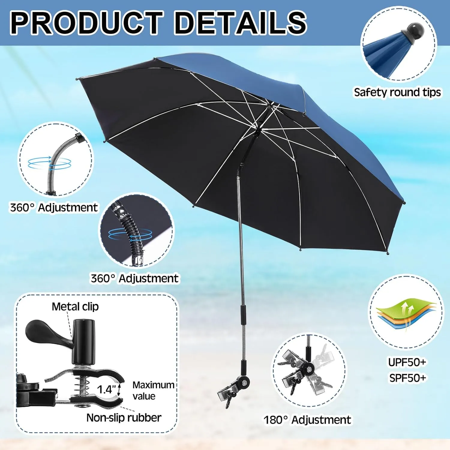 2 Set Reclining Camping Chair with Umbrella, Camping Chair with Foot Rest, Adjustable Chair Umbrella with Clamp, SPF 50 , Folding Mesh Camping Lounger Chair for Outdoor(Blue)