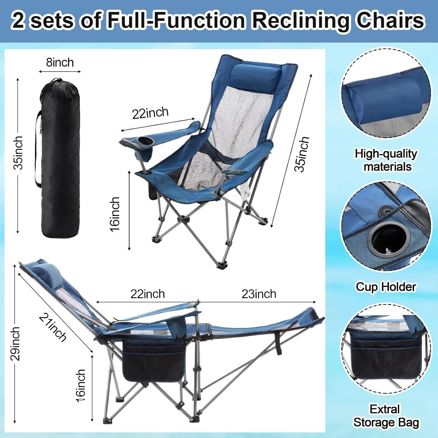 2 Set Reclining Camping Chair with Umbrella, Camping Chair with Foot Rest, Adjustable Chair Umbrella with Clamp, SPF 50 , Folding Mesh Camping Lounger Chair for Outdoor(Blue)