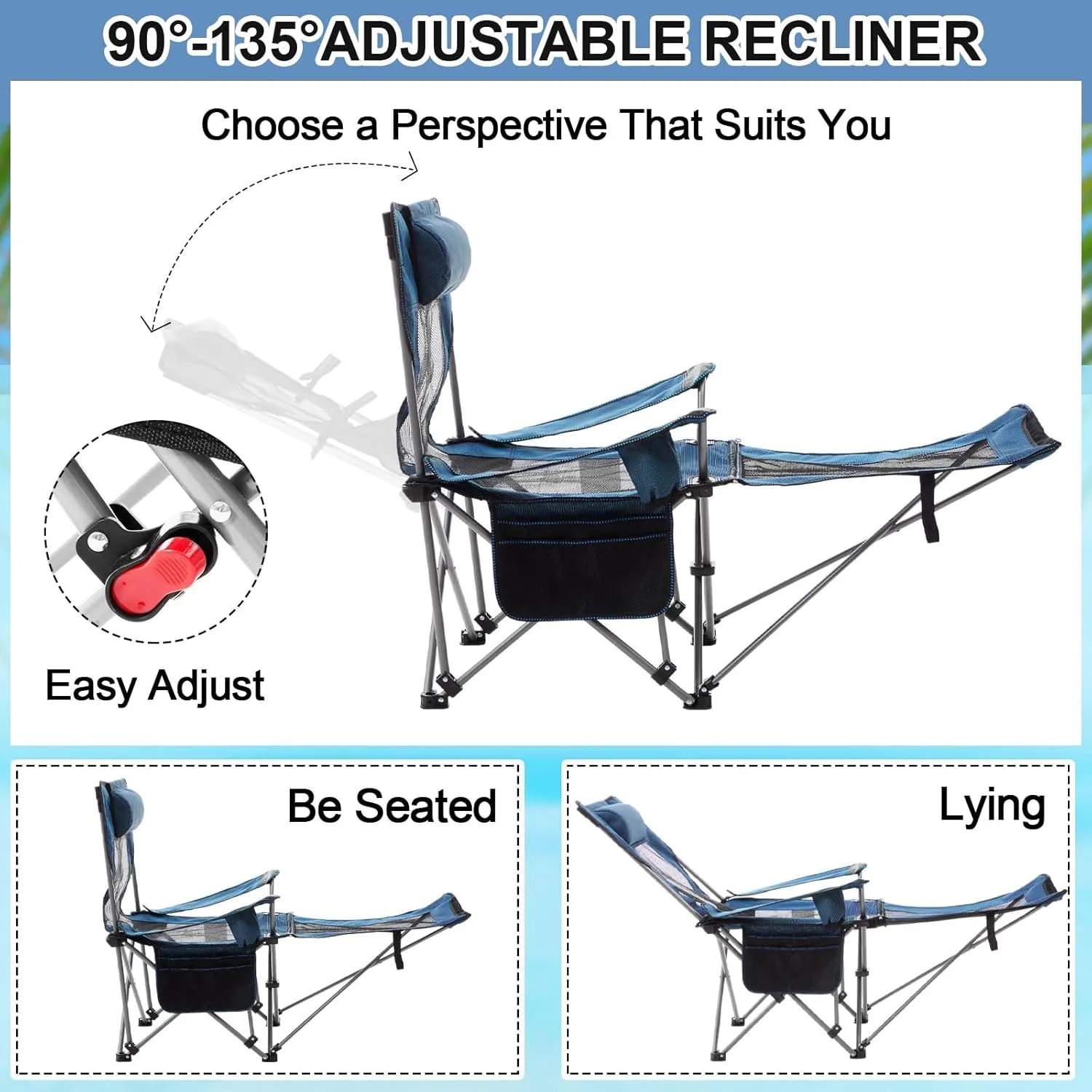2 Set Reclining Camping Chair with Umbrella, Camping Chair with Foot Rest, Adjustable Chair Umbrella with Clamp, SPF 50 , Folding Mesh Camping Lounger Chair for Outdoor(Blue)