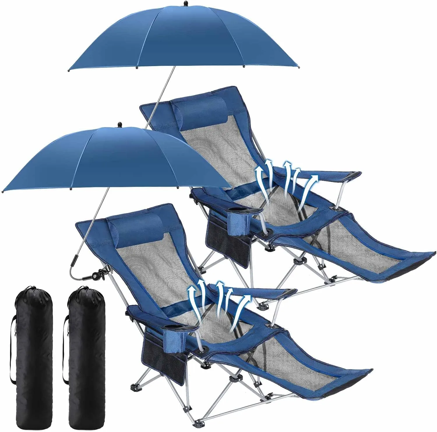 2 Set Reclining Camping Chair with Umbrella, Camping Chair with Foot Rest, Adjustable Chair Umbrella with Clamp, SPF 50 , Folding Mesh Camping Lounger Chair for Outdoor(Blue)