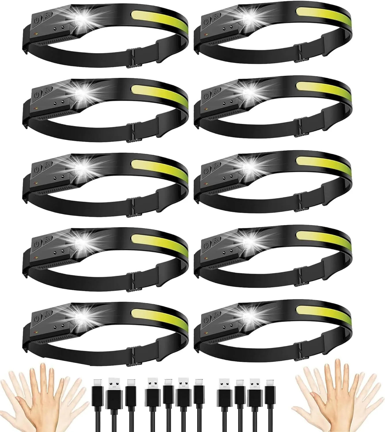 2025 New Rechargeable Headlamp 10PCS, 230° Wide Beam Motion Sensor LED Headlamp Flashlight, 5Mode for Adults, Bright Head Lights for Forehead, Hard Hat, Camping Accessories Gear (10Pcs)