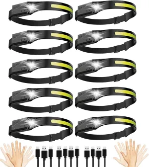 2025 New Rechargeable Headlamp 10PCS, 230° Wide Beam Motion Sensor LED Headlamp Flashlight, 5Mode for Adults, Bright Head Lights for Forehead, Hard Hat, Camping Accessories Gear (10Pcs)