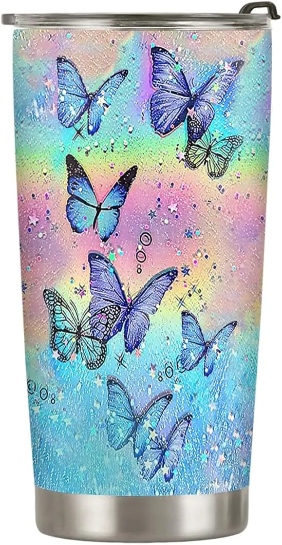 20oz Colorful Tie Dye Butterfly Tumbler, Gifts for Butterfly Lovers, Coffee Thermos for Women, Stainless Steel Double Wall Vacuum Insulated Coffee Mug, Travel Cup with Lid