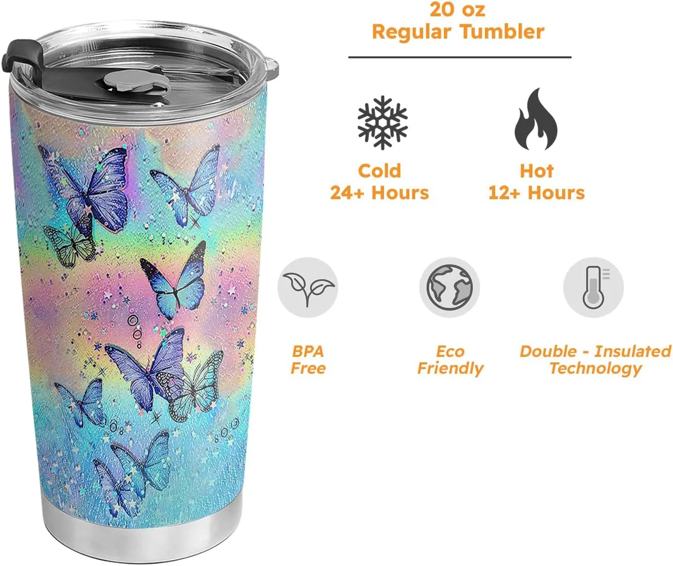 20oz Colorful Tie Dye Butterfly Tumbler, Gifts for Butterfly Lovers, Coffee Thermos for Women, Stainless Steel Double Wall Vacuum Insulated Coffee Mug, Travel Cup with Lid