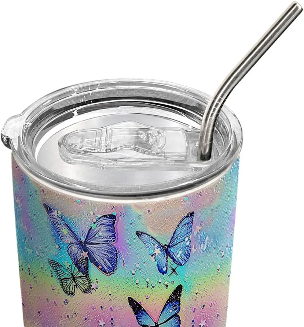 20oz Colorful Tie Dye Butterfly Tumbler, Gifts for Butterfly Lovers, Coffee Thermos for Women, Stainless Steel Double Wall Vacuum Insulated Coffee Mug, Travel Cup with Lid