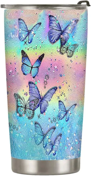20oz Colorful Tie Dye Butterfly Tumbler, Gifts for Butterfly Lovers, Coffee Thermos for Women, Stainless Steel Double Wall Vacuum Insulated Coffee Mug, Travel Cup with Lid
