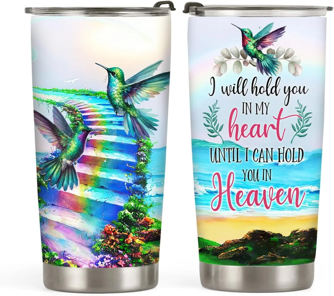 20oz Faith Hummingbird Tumbler, Memorial Heaven Stairway Hold You in my Heart, Coffee Thermos for Women, Stainless Steel Double Wall Vacuum Insulated Coffee Mug, Travel Cup with Lid