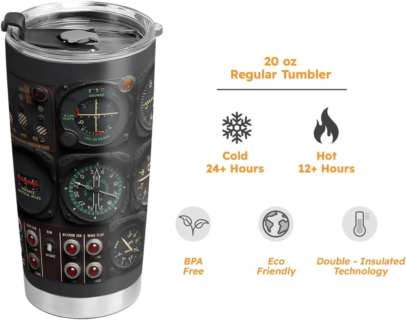 20oz Pilot Gauges Tumbler, Pilot Gifts, Coffee Thermos for Men, Stainless Steel Double Wall Vacuum Insulated Coffee Mug, Travel Cup with Lid