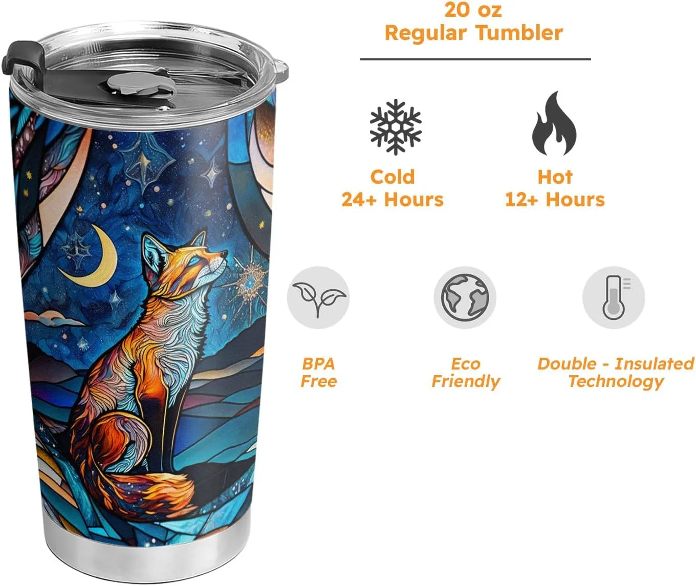 20oz Starry Moonlight Night Fox Tumbler, Gifts for Fox Lovers, Coffee Thermos for Women, Stainless Steel Double Wall Vacuum Insulated Coffee Mug, Travel Cup with Lid