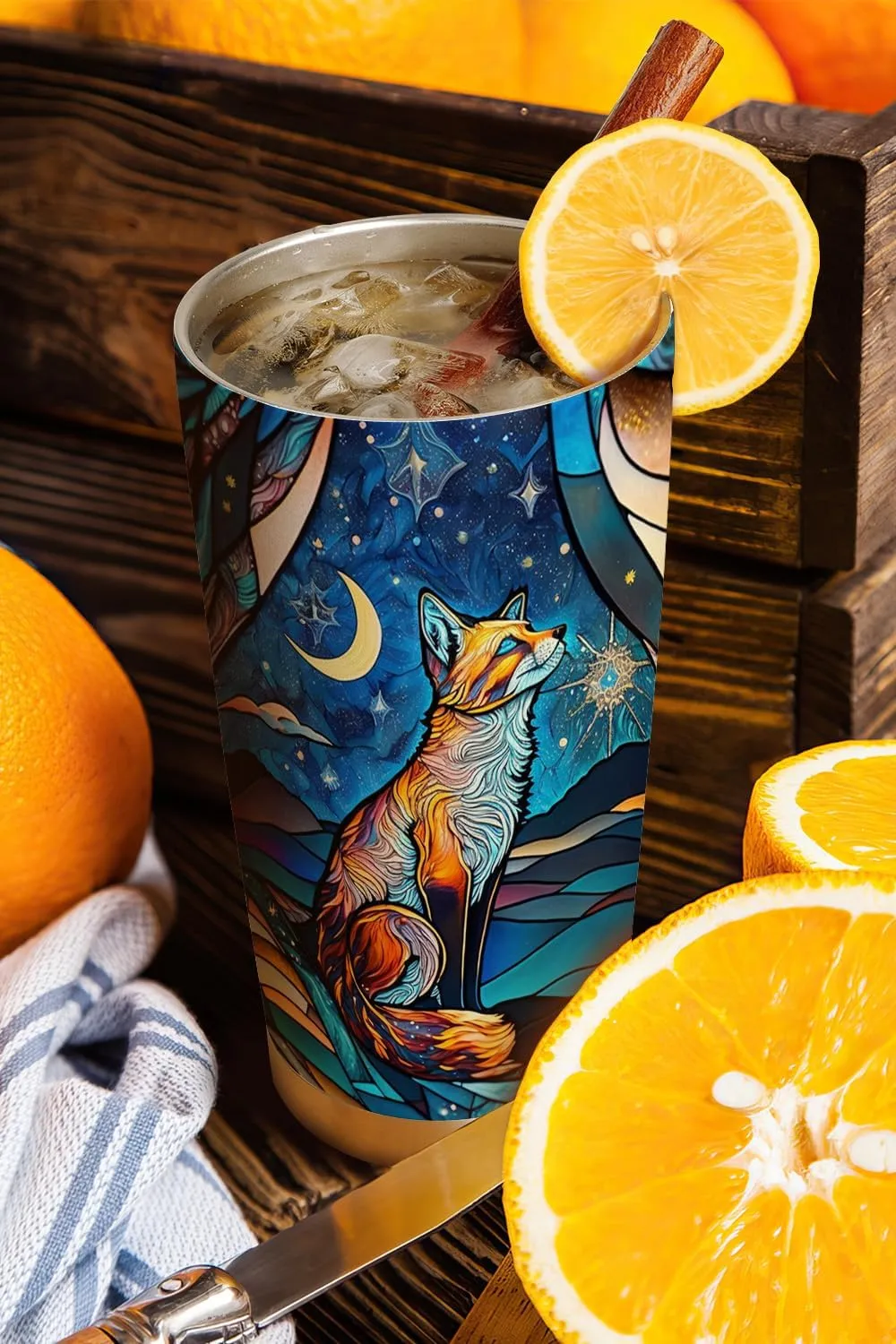 20oz Starry Moonlight Night Fox Tumbler, Gifts for Fox Lovers, Coffee Thermos for Women, Stainless Steel Double Wall Vacuum Insulated Coffee Mug, Travel Cup with Lid