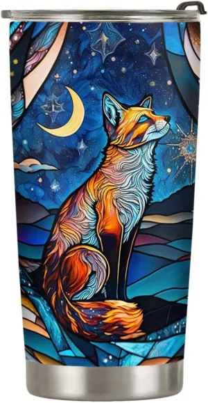 20oz Starry Moonlight Night Fox Tumbler, Gifts for Fox Lovers, Coffee Thermos for Women, Stainless Steel Double Wall Vacuum Insulated Coffee Mug, Travel Cup with Lid