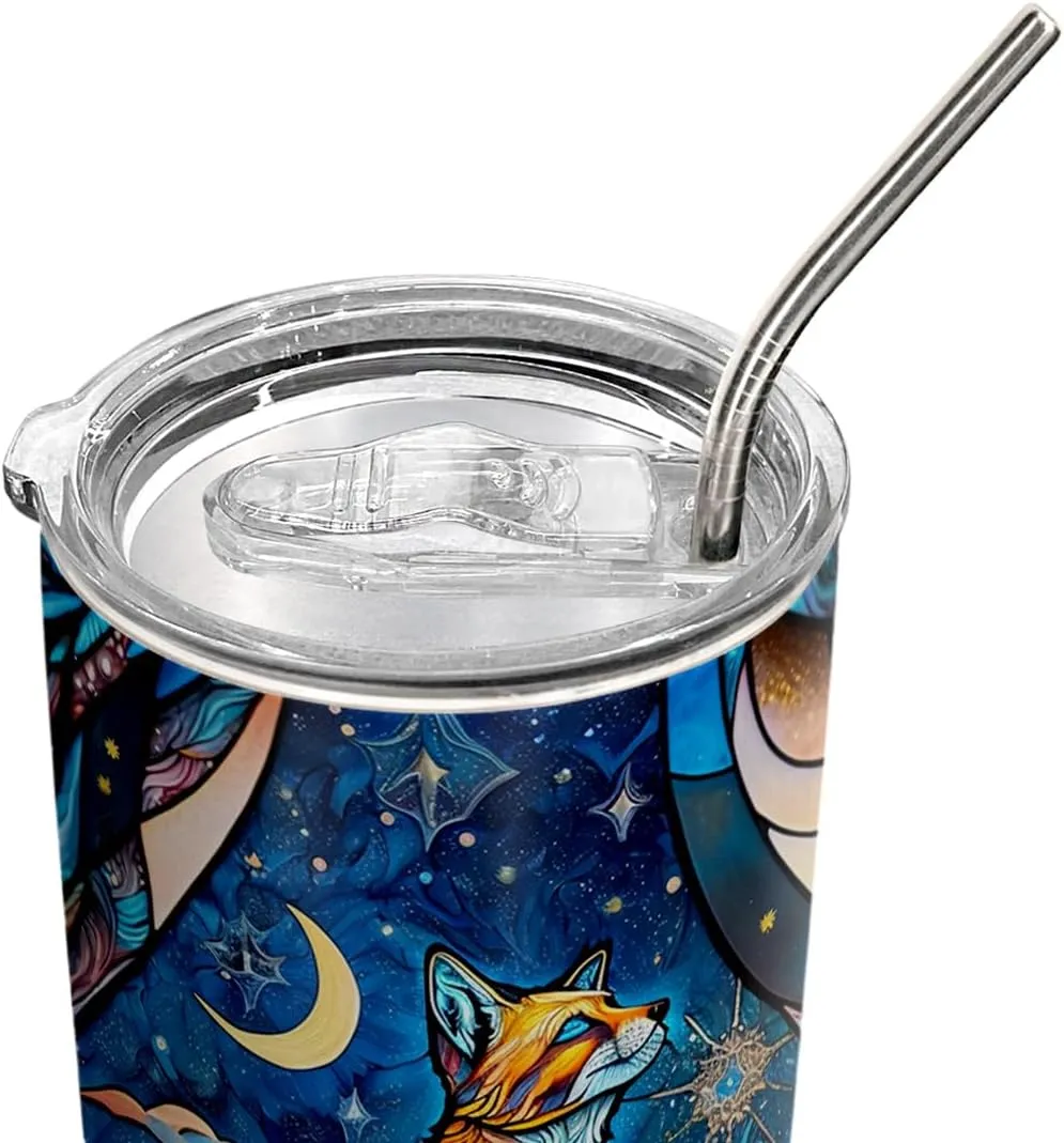 20oz Starry Moonlight Night Fox Tumbler, Gifts for Fox Lovers, Coffee Thermos for Women, Stainless Steel Double Wall Vacuum Insulated Coffee Mug, Travel Cup with Lid