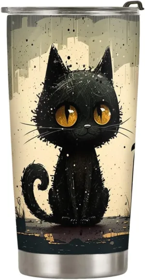 20oz Vintage Cool Cute Black Cate Tumbler Cup, Insulated Travel Cup with Lid, Coffee Thermos for Women, Gifts for Women, Birthday Gifts for Mom, Daughter, Sister, Friends, Girlfriends, Coworker