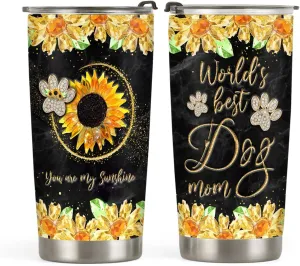20oz Yellow Jewelry Crystal Sunflower Dog Mom Tumbler, World's Best Dog Mom, Gifts for Dogs Lovers, Coffee Thermos, Stainless Steel Double Wall Vacuum Insulated Coffee Mug, Travel Cup with Lid