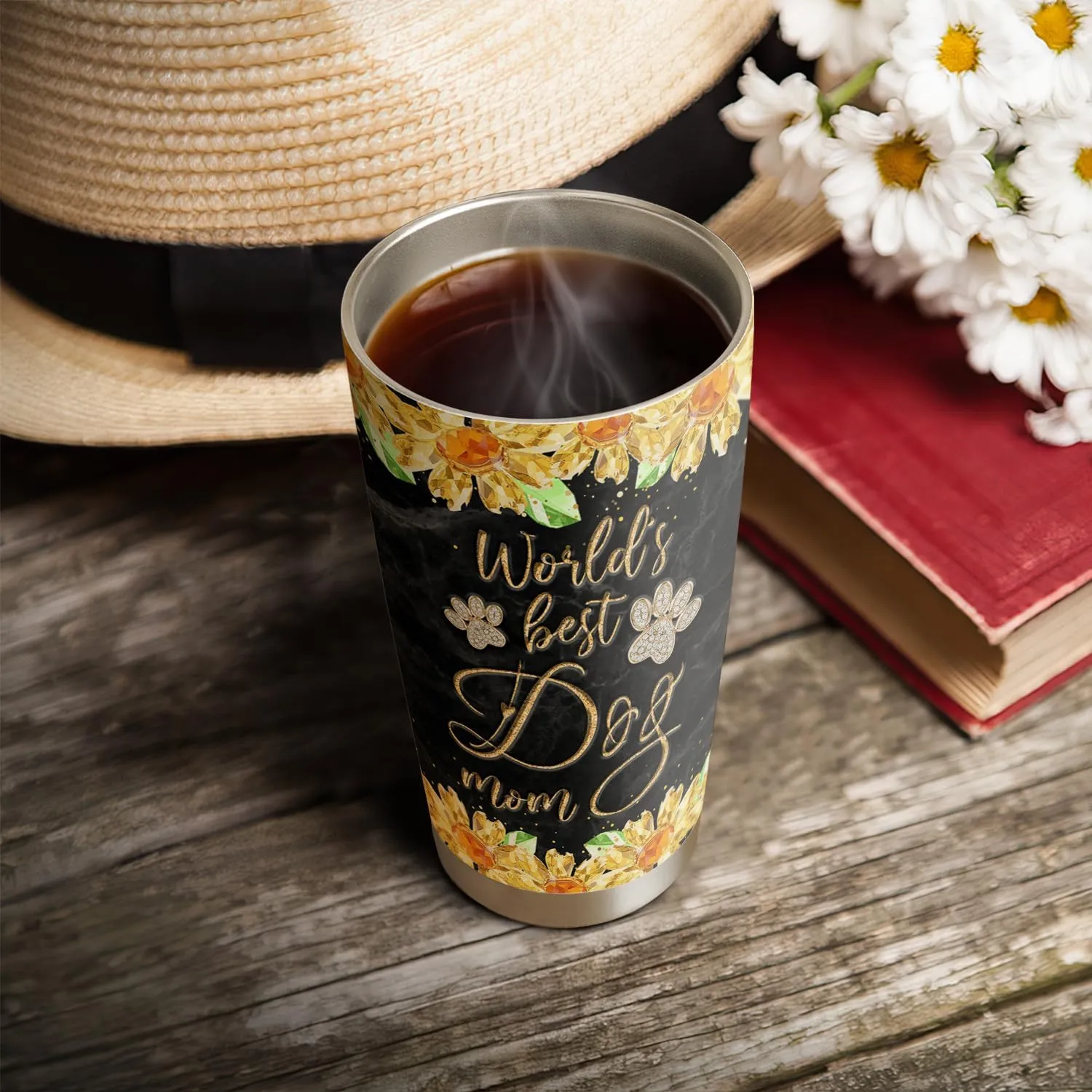 20oz Yellow Jewelry Crystal Sunflower Dog Mom Tumbler, World's Best Dog Mom, Gifts for Dogs Lovers, Coffee Thermos, Stainless Steel Double Wall Vacuum Insulated Coffee Mug, Travel Cup with Lid