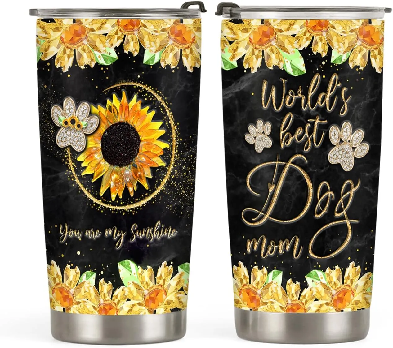 20oz Yellow Jewelry Crystal Sunflower Dog Mom Tumbler, World's Best Dog Mom, Gifts for Dogs Lovers, Coffee Thermos, Stainless Steel Double Wall Vacuum Insulated Coffee Mug, Travel Cup with Lid