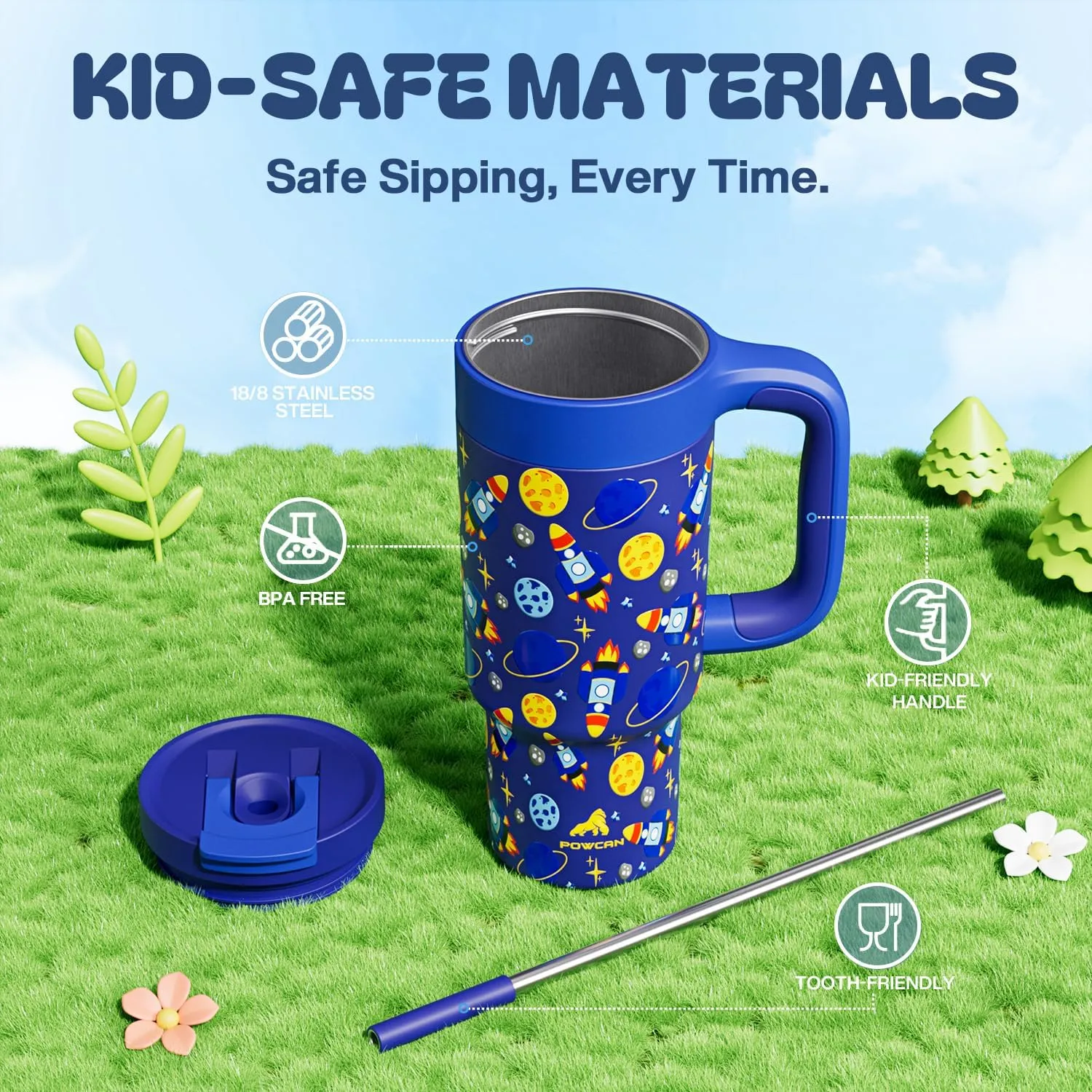 24 oz Stainless Steel Tumbler for Children: Durable Handle, Easy to Clean, Straw Gulp Lid, Car Cup Holder Friendly, Insulated Cup for Sport, Hiking, Carry, Adventures, Bag, Classroom (Space Rocket)