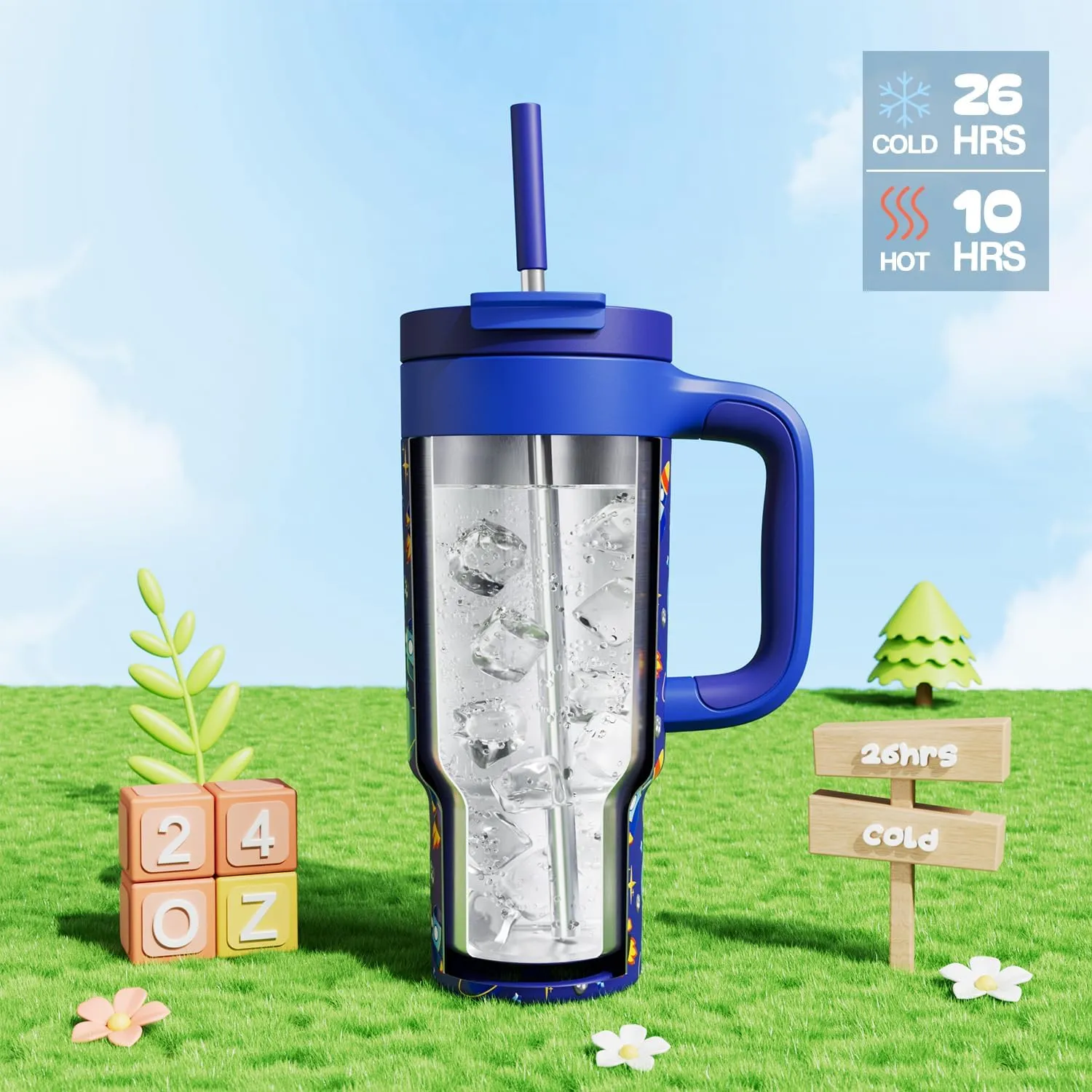 24 oz Stainless Steel Tumbler for Children: Durable Handle, Easy to Clean, Straw Gulp Lid, Car Cup Holder Friendly, Insulated Cup for Sport, Hiking, Carry, Adventures, Bag, Classroom (Space Rocket)
