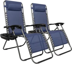 2pcs Outdoor Lounge Patio Chairs with Pillow and Utility Tray Adjustable Folding Recliner, for Deck,Patio,Beach,Yard(70"×20.5"×14.5"). (Blue)