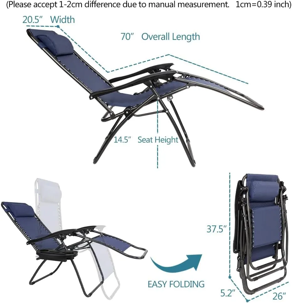 2pcs Outdoor Lounge Patio Chairs with Pillow and Utility Tray Adjustable Folding Recliner, for Deck,Patio,Beach,Yard(70"×20.5"×14.5"). (Blue)